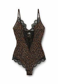 Leopardskinds bodystocking med tynde stropper, dyb V-hals og sorte blonde detaljer. Har en tætsiddende form og trykknaplukning nederst.
