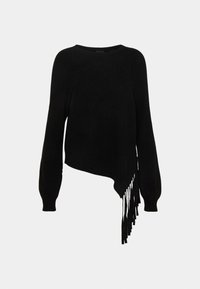 Sort strikket sweater med lange ærmer, asymmetrisk søm og frynse detaljer. Glat tekstur med ribstrikket mønster på kroppen.
