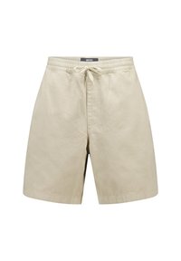 Pantalones cortos de algodón beige con cintura elástica, cordón ajustable y bolsillos laterales; presentan una textura suave y un corte recto.