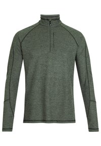 Grüner Pullover mit langen Ärmeln aus strukturiertem Stoff. Mit einem Viertelzip-Kragen und kontrastierenden Nähten entlang der Nähte.