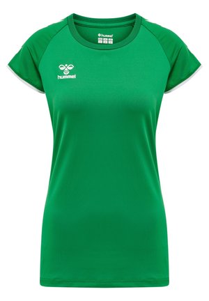 Green athletic t-shirt made of moisture-wicking fabric, featuring a round neckline, short sleeves, and white accents on shoulders.