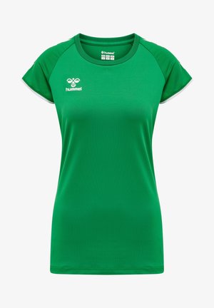 Zielona koszulka sportowa z materiału odprowadzającego wilgoć, z okrągłym dekoltem, krótkimi rękawami i białymi akcentami na ramionach.