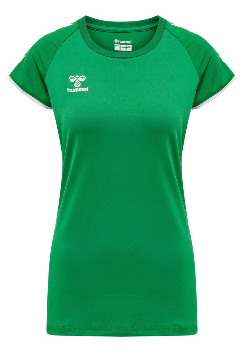 Grøn trænings t-shirt lavet af fugttransporterende stof, med rund halsudskæring, korte ærmer og hvide detaljer på skulderne.