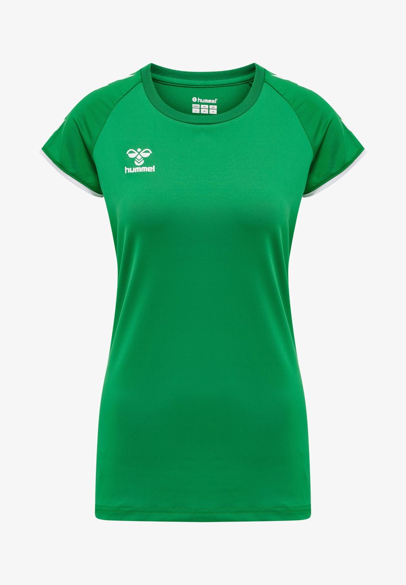 Grünes Sport-T-Shirt aus feuchtigkeitsableitendem Material, mit rundem Halsausschnitt, kurzen Ärmeln und weißen Akzenten an den Schultern.