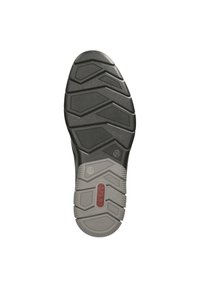 Semelle de chaussure en caoutchouc noir avec un motif de bande de roulement texturé, présentant un intercalaire gris léger et un détail de logo rouge près du talon.