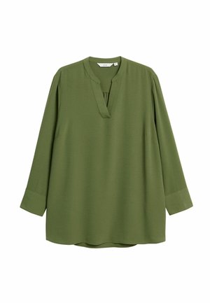 Langærmet skjorte i olivengrønt, lavet af blødt stof. Har en delt halsudskæring og tapered ærmer; afslappet pasform med en rund kant.