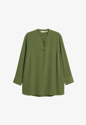 Langærmet skjorte i olivengrønt, lavet af blødt stof. Har en delt halsudskæring og tapered ærmer; afslappet pasform med en rund kant.