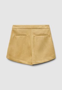 Short yellow shorts made of soft fabric, featuring a smooth texture, dual back pockets, and a fitted waistband with a clean hem.