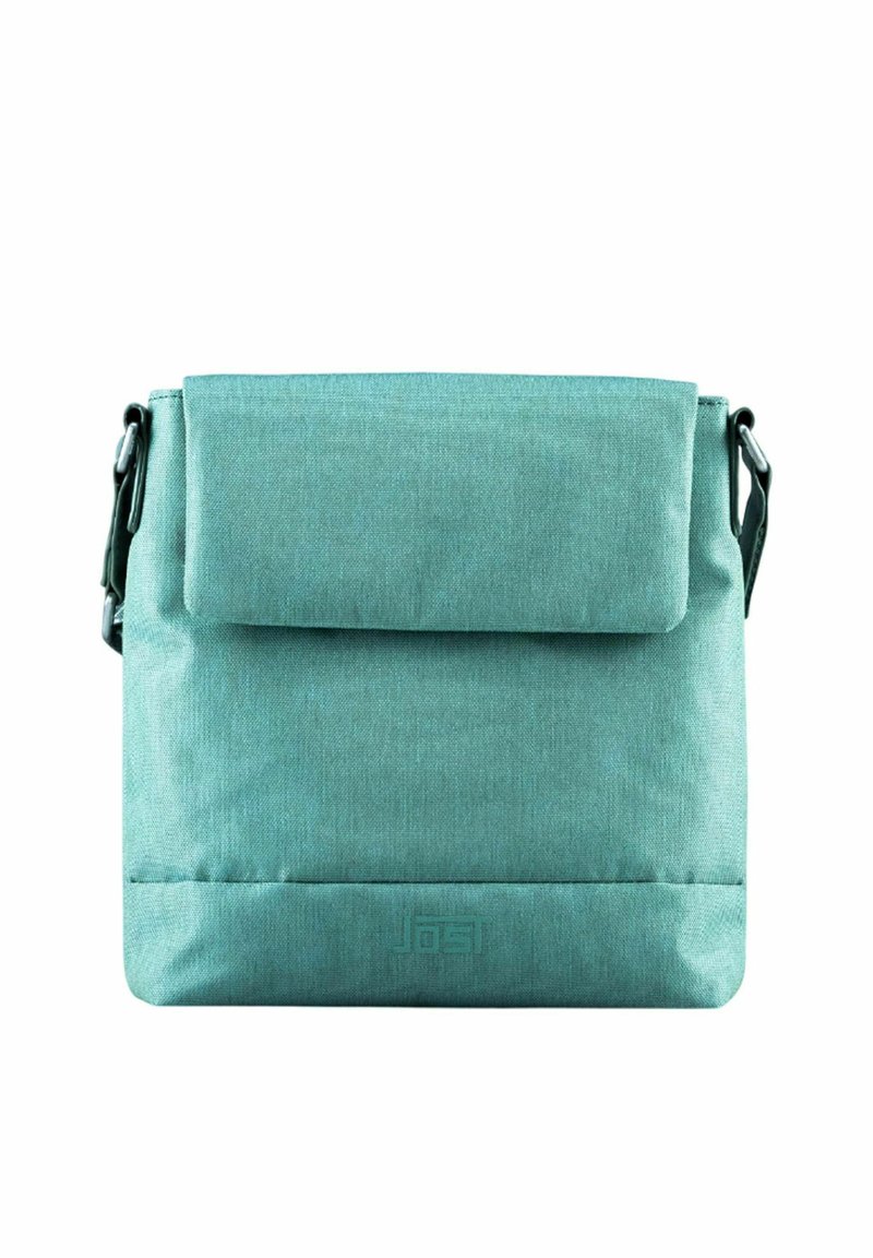 Borsa a tracolla in tessuto verde con patta pieghevole, tracolla regolabile e logo impresso nella parte inferiore, caratterizzata da una texture liscia.