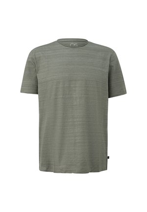 T-shirt à manches courtes vert olive avec un col rond. Présente une texture rayée subtile et une petite étiquette de marque à l'ourlet. Matière en mélange de coton.