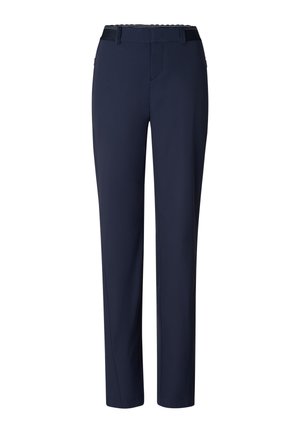 Marineblaue, gerade geschnittene Hose mit Gürtelschlaufen und Reißverschluss vorne, auf weißem Hintergrund dargestellt.