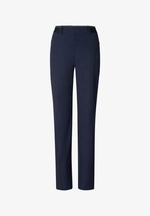 Spodnie o prostych nogawkach w kolorze granatowym, z pętlami na pasek i zamkiem błyskawicznym z przodu, prezentowane na jednolitym białym tle.