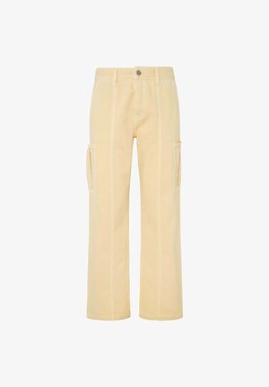 Svetložlté cargo nohavice so rovnými nohavicami, vybavené bočnými vreckami a kontrastným prešívaním pozdĺž švov. Odolný bavlnený materiál.