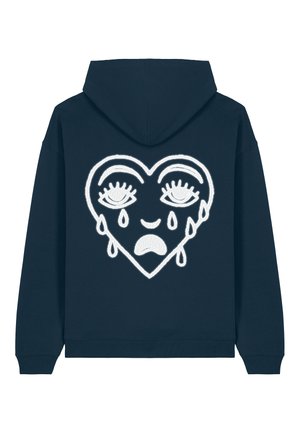 Navy blue hooded sweatshirt featuring a large white heart graphic with closed eyes and tears, embroidered details, and a soft texture.