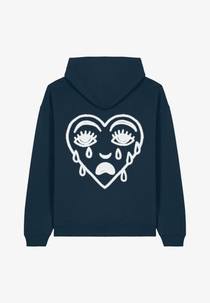 Felpa con cappuccio blu navy caratterizzata da un grande grafico di cuore bianco con occhi chiusi e lacrime, dettagli ricamati e una texture morbida.