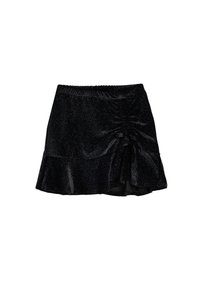 Svart glitter mini kjol med en utsvängd fåll, elastisk midja och rynkade detaljer på ena sidan, tillverkad av ett glänsande, strukturerat tyg.