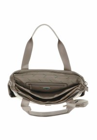 Sac à main synthétique gris avec doubles poignées, fermeture éclair, plusieurs compartiments intérieurs et une doublure verte à motifs avec le logo de la marque.