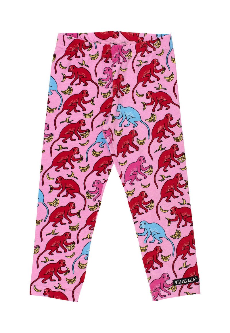 Różowe legginsy z zabawnym wzorem czerwonych i niebieskich małp trzymających banany, wykonane z elastycznej tkaniny o miękkiej fakturze.