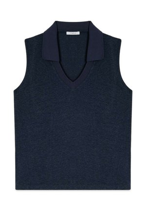 Marineblaue, ärmellose Strickweste mit tiefem V-Ausschnitt und breitem Kragen, mit der Marke „Motivi“ auf dem inneren Etikett.