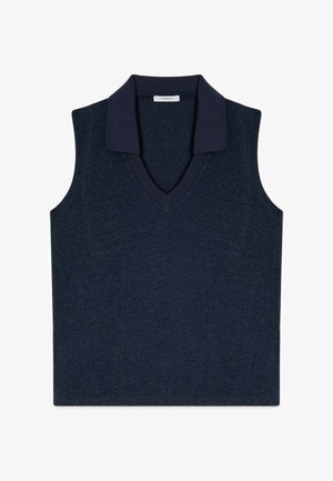 Marineblaue, ärmellose Strickweste mit tiefem V-Ausschnitt und breitem Kragen, mit der Marke „Motivi“ auf dem inneren Etikett.