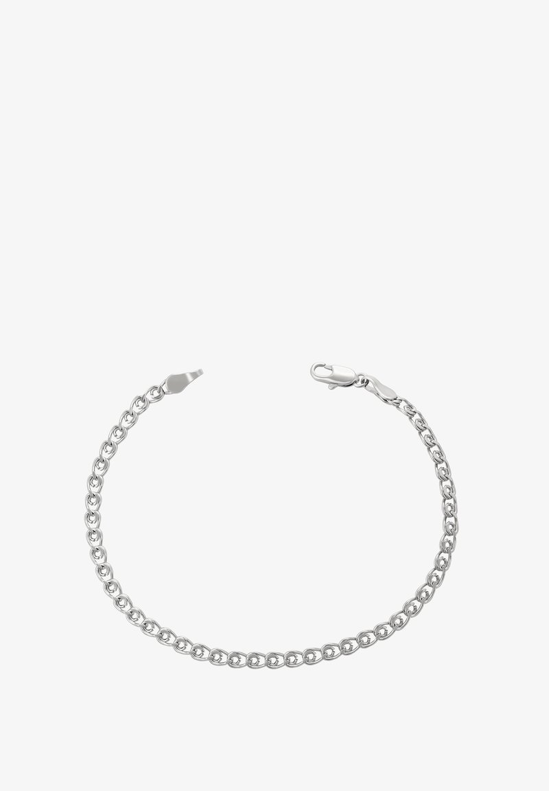Strieborný náramok z reťaze s okrúhlymi článkami, lesklým povrchom a bezpečným karabínkovým zapínaním. Jednoduchý dizajn, vhodný na každodenné nosenie.