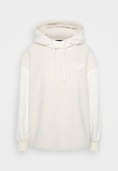 Felpa con cappuccio in off-white con corpo testurizzato, maniche bianche lisce, un grande cappuccio e un piccolo logo ricamato sul petto.