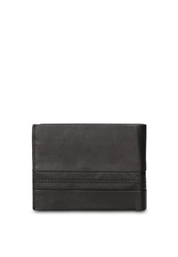 Zwarte leren portemonnee met een gladde textuur, voorzien van meerdere kaartvakken en een minimalistisch ontwerp. Strakke lijnen en eenvoudige stikseldetails.