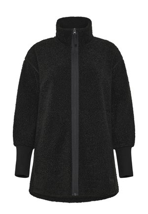 Veste en polaire noire avec un col montant, une fermeture zippée au milieu et des manches amples. Présente une surface texturée et des poignets noirs contrastants.