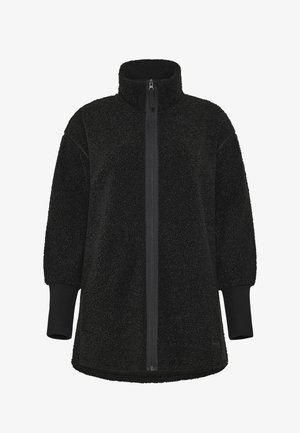 Sort fleecejakke med høj krave, halv lynlås foran og løstsiddende ærmer. Har en tekstureret overflade og kontrasterende sorte manchetter.