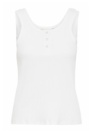 Balts ribots bez piedurknēm ar apaļu kakla izgriezumu un trīs pogu aizdari. Gluda tekstūra un pieguļošs dizains, piemērots kārtošanai.