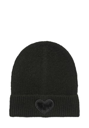 Berretto di lana nera lavorato a maglia con texture a coste e un risvolto, dotato di una toppa a forma di cuore in velluto sulla parte anteriore.