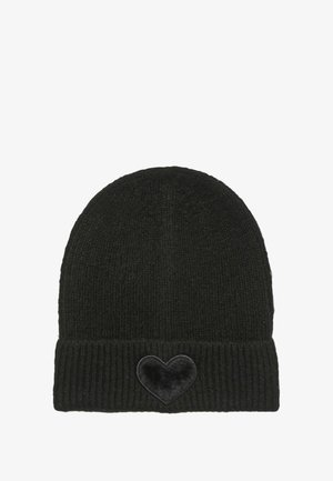 Berretto di lana nera lavorato a maglia con texture a coste e un risvolto, dotato di una toppa a forma di cuore in velluto sulla parte anteriore.