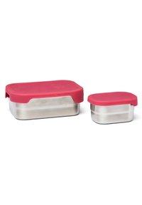 Edelstahl-Lebensmittellagerbehälter in zwei Größen mit rosa Silikondeckeln. Glatte metallische Oberfläche, rechteckige Form und keine sichtbaren Muster.