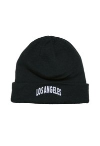 Čierna pletená čiapka s bielym vyšitým textom "LOS ANGELES" na leme. Mäkka textúra, okrúly vrch a prehnutý okraj.