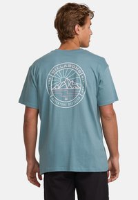 Light teal cotton t-shirt featuring a circular graphic with mountains and sun illustration in white and pink, labeled "Billabong Adventure Division."