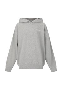 Grå oversized hoodie med långa ärmar, dragsko i huvan och ribbade ärmslut. Har minimal broderad logotyp på framsidan. Mjuk tygtextur.