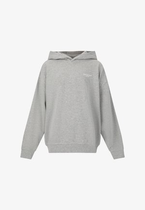 Grå oversized hoodie med lange ærmer, snoretræk til hætten og ribbede manchetter. Har et minimalt broderet logo på forsiden. Blødt stofmateriale.