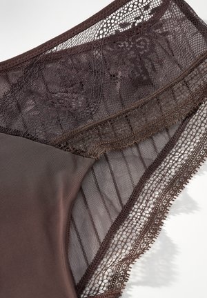 Brown lace underwear with floral pattern, featuring sheer mesh and solid fabric panels, fine stitching, and soft texture.