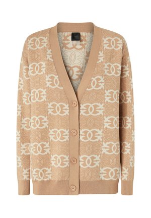 Cardigan beige con motivo ripetuto di logo bianco, scollo a V, chiusura con bottoni e maniche lunghe con polsini e orlo a costine.