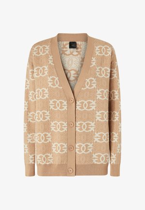 Bež kardigan s ponavljajućim bijelim uzorkom loga, V-izrezom, prednjim gumbima i dugim rukavima s rebrastim manžetama i donjim rubom.