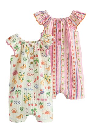 Two baby rompers with short sleeves; one white with tropical prints and buttons, the other pink with floral and striped patterns.