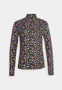 Langärmliges schwarzes Rollkragenoberteil mit einem bunten kleinen Blumenmuster in Rosa, Orange, Blau und Beige, das gleichmäßig den Stoff bedeckt.