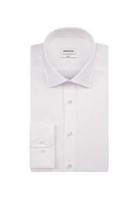 Witte dress shirt in slim fit. Heeft een spread collar, lange mouwen met dubbele manchetten en heldere plastic knopen. Gladde textuur en geen patronen.