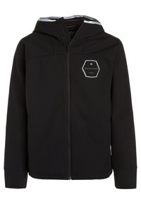 Schwarze Zip-Hoodie aus weichem, elastischem Stoff. Mit einem hexagonalen Logo auf der Brust und einer gefütterten Kapuze in kontrastierender Farbe.