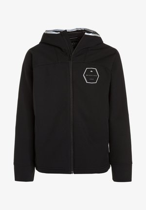 Sort zip-up hættejakke lavet af blødt, strækbart stof. Har et hexagonalt logo på brystet og en foret hætte i en kontrastfarve.