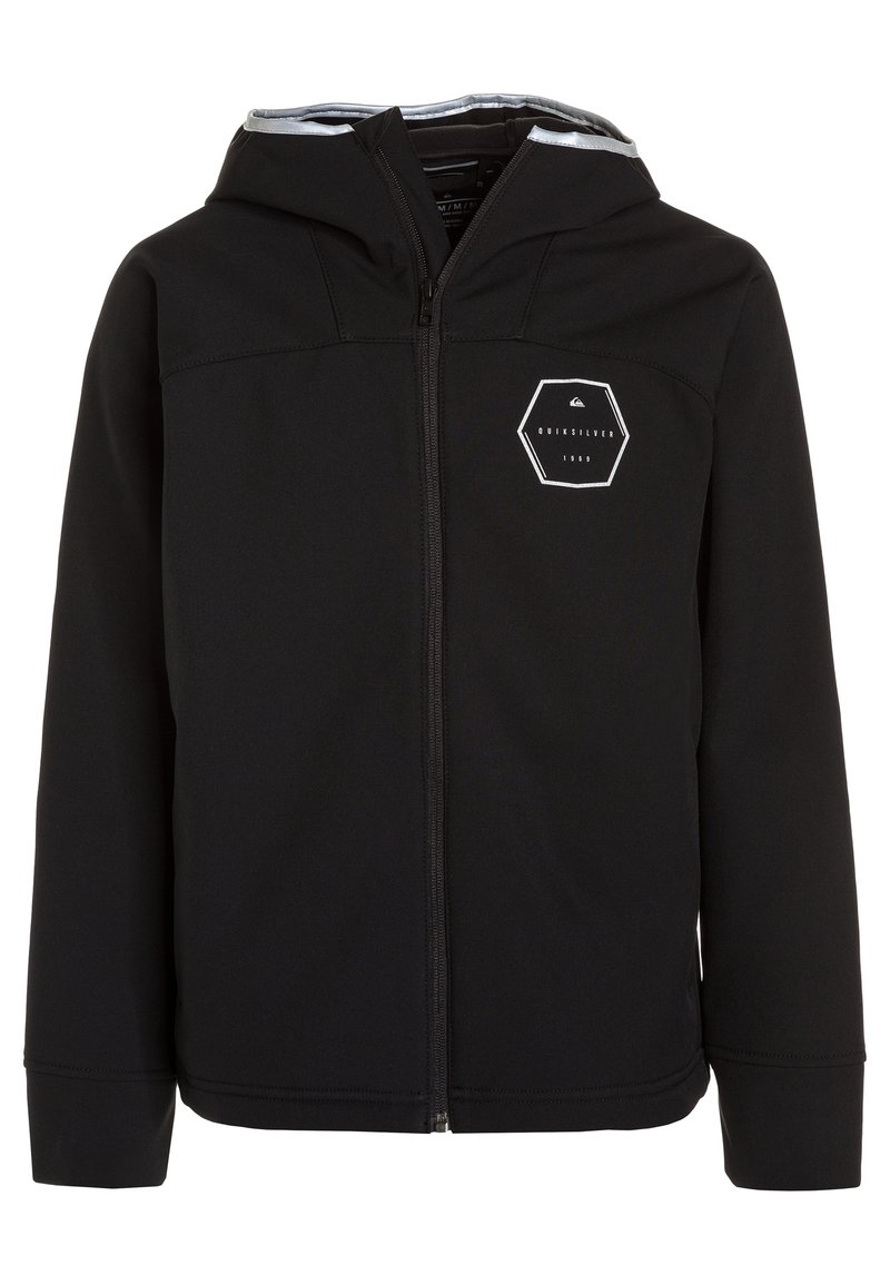 Schwarze Zip-Hoodie aus weichem, elastischem Stoff. Mit einem hexagonalen Logo auf der Brust und einer gefütterten Kapuze in kontrastierender Farbe.