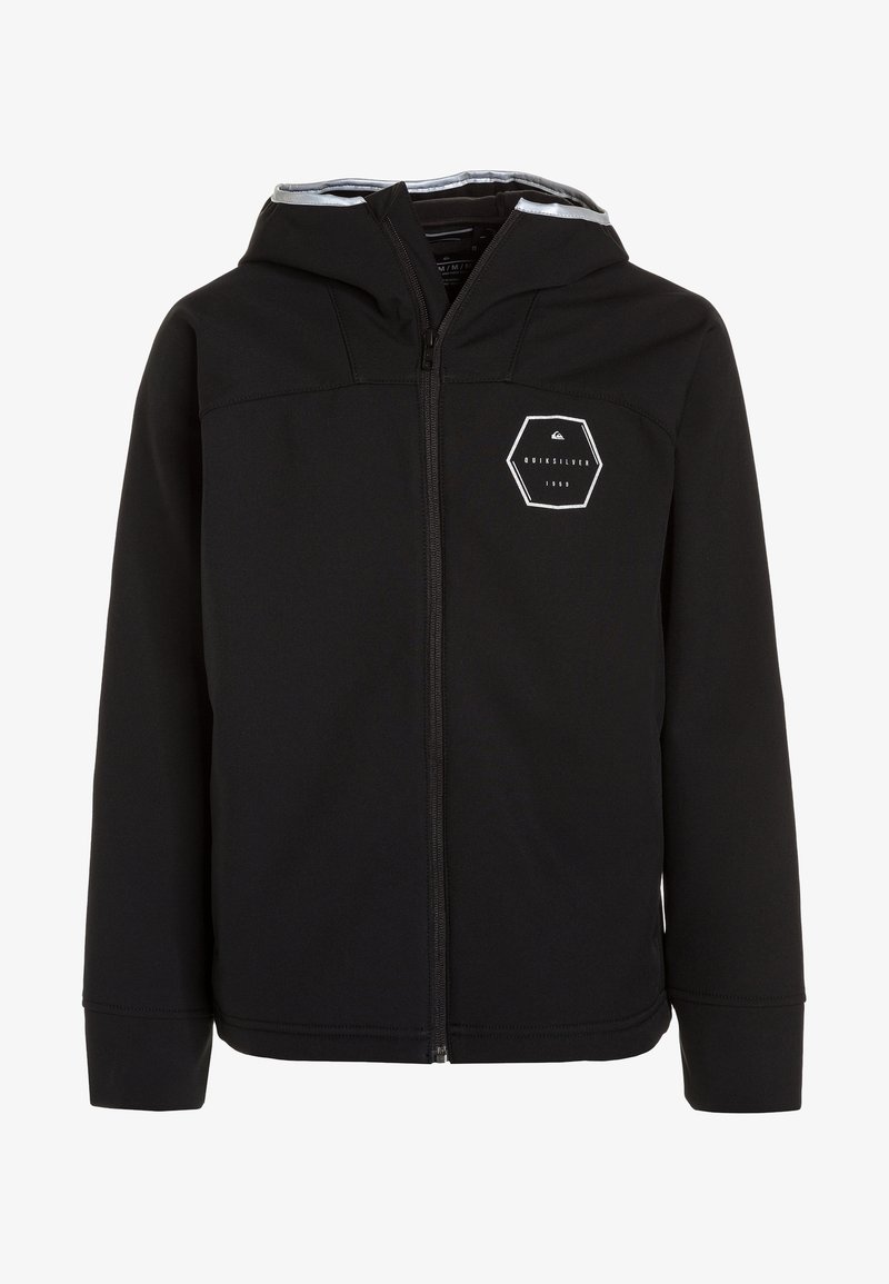 Schwarze Zip-Hoodie aus weichem, elastischem Stoff. Mit einem hexagonalen Logo auf der Brust und einer gefütterten Kapuze in kontrastierender Farbe.