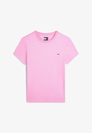 Pink short-sleeve crew neck T-shirt with small Tommy Jeans logo on the left chest and label inside the collar.