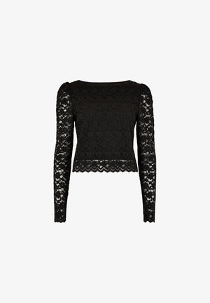 Top negro de manga larga de encaje con patrón floral, dobladillo en forma de pico y hombros ligeramente abullonados.