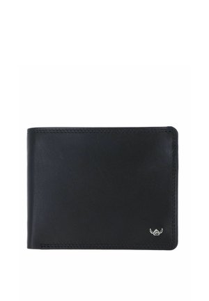 Cartera negra de cuero bifold con bordes cosidos y un pequeño emblema plateado en la esquina inferior derecha sobre un fondo blanco.
